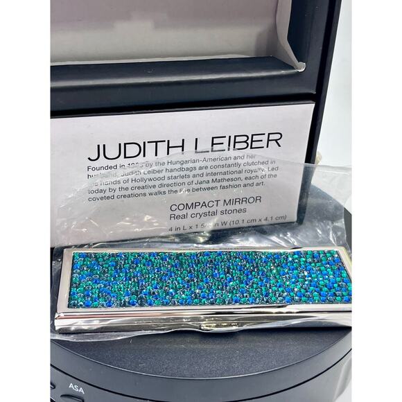 JUDITH LEIBER Compact Mirror Slim Pocket Austria Crystal Green Blue Dots Silver - Picture 2 of 11